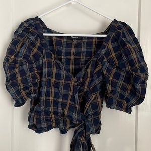 Madewell size large plaid puff sleeve wrap crop top